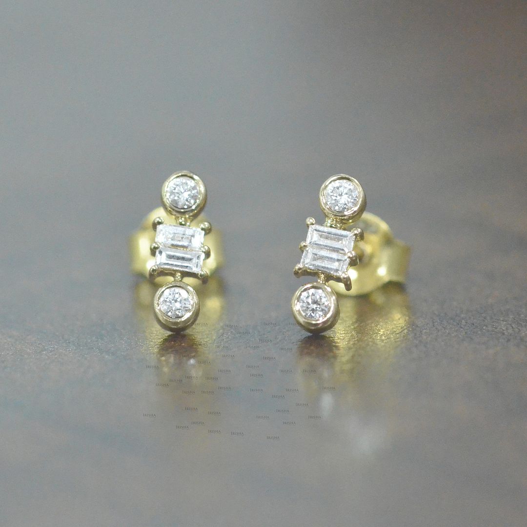 14K Gold 0.20 Ct. Genuine Round And Baguette Diamond Studs Earrings Fine Jewelry