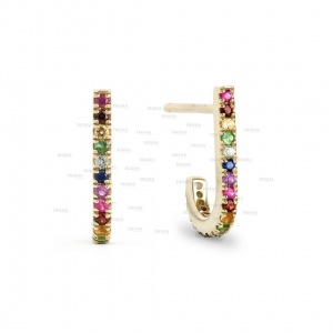 0.40 Ct. Genuine Multi Sapphire Gemstone Rainbow Suspender Hoop Earring in 14K Gold