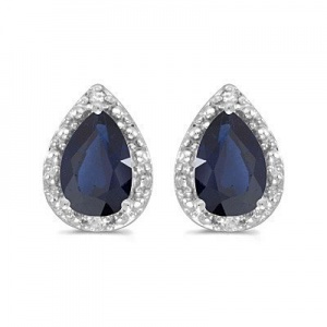 Pear Blue Sapphire and Diamond Stud Earrings 14k White Gold (1.70ct)