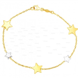 14K Gold Two Tone (Yellow & White) Shiny Star Chain Bracelet Christmas Jewelry