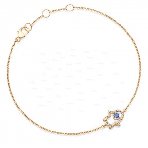 14K Gold Genuine Diamond And Blue Sapphire Gemstone Hamsa Hand Fine Bracelet