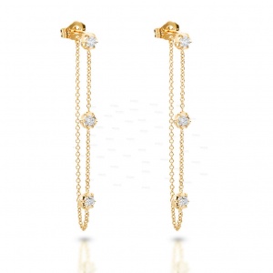 14K Gold 0.40 Ct. Genuine Three Diamond Drop Chain Wedding Earrings Fine Jewelry