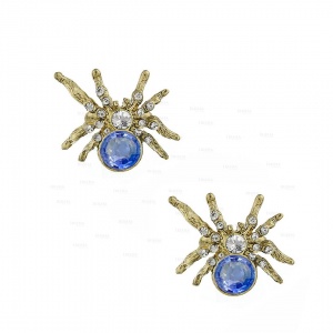 14K Gold Genuine Diamond-Blue Sapphire Spider Earrings Halloween Gift Jewelry