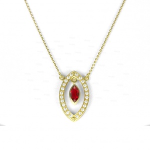 14K Gold Genuine Diamond - Ruby Gemstone Marquise Shape Wedding Pendant Necklace