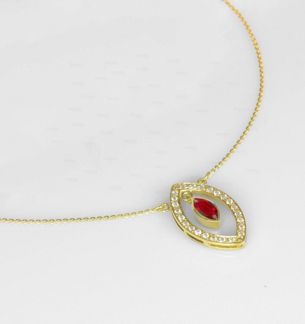 14K Gold Genuine Diamond - Ruby Gemstone Marquise Shape Wedding Pendant Necklace