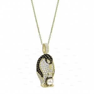 14K Gold Genuine Diamond and Pearl Baby Penguin Pendant Necklace Fine Jewelry