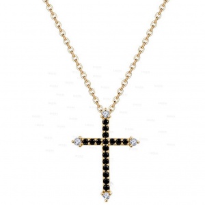 14K Gold 0.15 Ct. Genuine White-Black Diamond Jesus Cross Pendant Necklace Gift