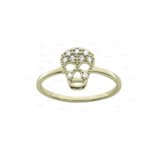 14K Gold 0.10 Ct. Genuine Diamond Mini Skull Design Halloween Gift Ring