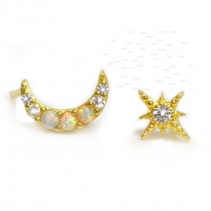 14K Gold Genuine Diamond And Opal Gemstone Moon Starburst Studs Christmas Gift