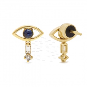 14K Gold Genuine Diamond Blue Sapphire Cabochon Evil Eye Drop Earrings Jewelry