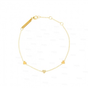 14K Gold 0.12 Ct. Genuine Diamond Three Heart Charm Bracelet Fine Jewelry