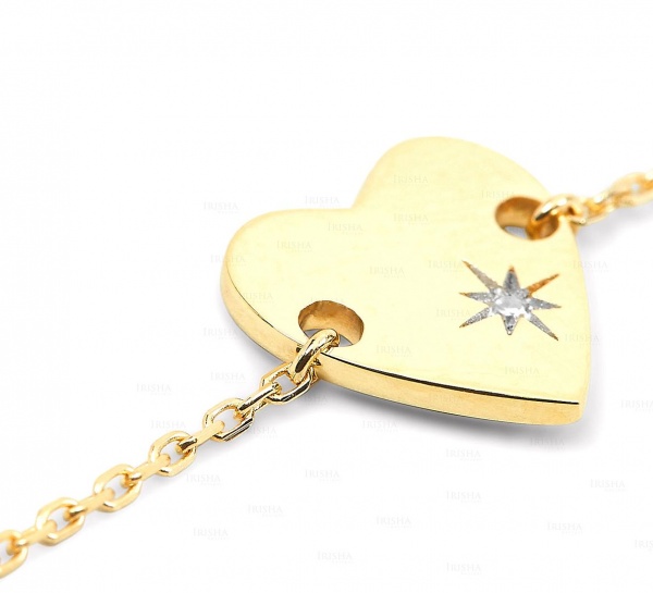 14K Gold 0.01 Ct. Genuine Diamond Engraved Starburst Heart Charm Chain Bracelet