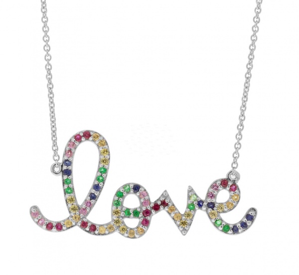 14K Gold Genuine Multi Sapphire Rainbow Love Pendant Necklace Fine Jewelry