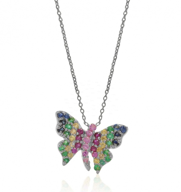 14K Gold 0.50 Ct. Genuine Multi Sapphire Rainbow Butterfly Pendant Fine Necklace