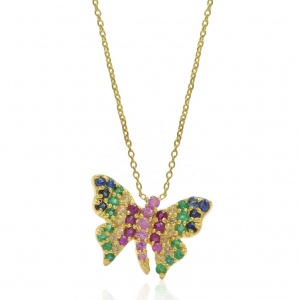 14K Gold 0.50 Ct. Genuine Multi Sapphire Rainbow Butterfly Pendant Fine Necklace
