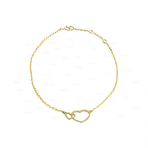 Solid 14K Plain Gold Link Double Heart Chain Bracelet Fine Jewelry For Women