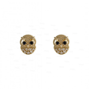0.14Ct. VS Black-White Diamond Owl Design Stud-Earrings in 14k Gold Fine Jewelry