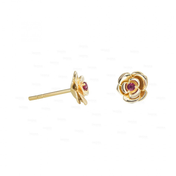 14K Gold 0.04 Ct. Genuine Ruby Gemstone Rose Flower Studs Earrings Fine Jewelry