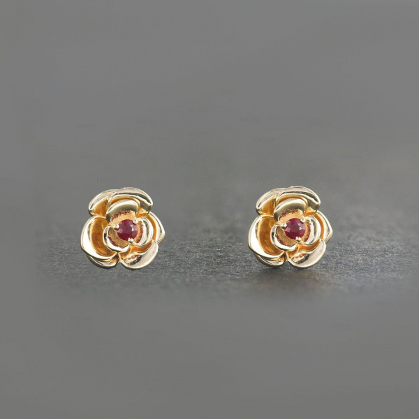 14K Gold 0.04 Ct. Genuine Ruby Gemstone Rose Flower Studs Earrings Fine Jewelry