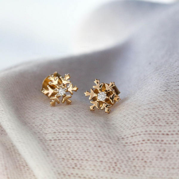 14K Gold 0.08 Ct. Genuine Diamond Snowflake Design Studs Earrings Fine Jewelry