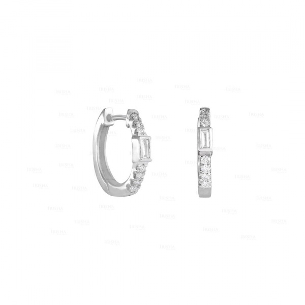 0.22Ct. Real Round-Baguette Diamond Hoop Huggie Earrings 14k Gold Fine Jewelry