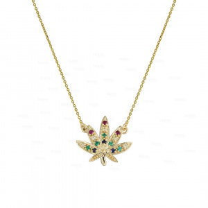 14K Gold 0.18 Ct. Genuine Multi Sapphire Gemstone Rainbow Leaf Pendant Necklace