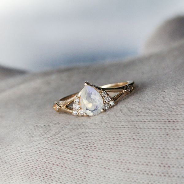 14K Gold Genuine Diamond And Rainbow Moonstone Bridal Wedding Ring Fine Jewelry