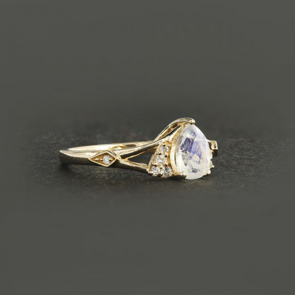 14K Gold Genuine Diamond And Rainbow Moonstone Bridal Wedding Ring Fine Jewelry