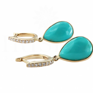 Genuine Diamond And Turquoise Gemstone Drop Huggie Hoop Earrings 14K Gold