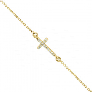0.06 Ct. Real Diamond 14k Solid Gold Crucifix Cross Fine Chain Bracelet