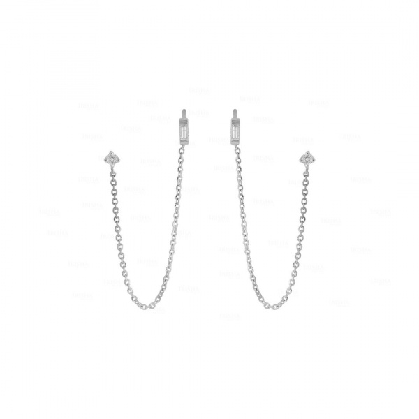 14K White Gold 0.22 Ct. Genuine Baguette And Round Diamonds Chain Earring