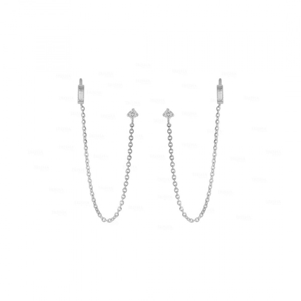 14K White Gold 0.22 Ct. Genuine Baguette And Round Diamonds Chain Earring