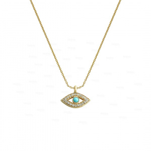 Genuine Diamond Turquoise Gemstone Evil Eye Charm 14K Gold Necklace Fine Jewelry