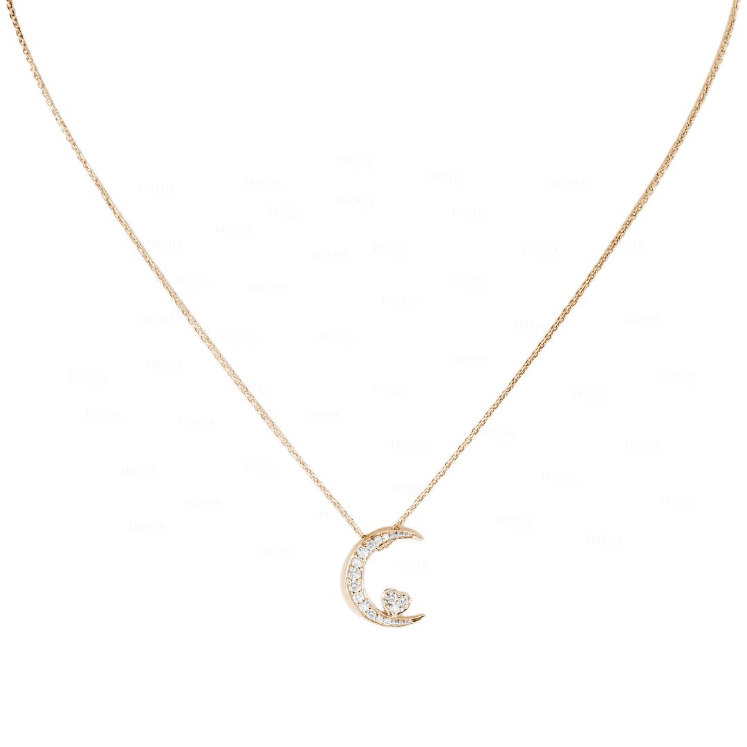 14K Gold 0.25Ct. Genuine Diamond Crescent Moon Heart Charm Necklace Fine Jewelry