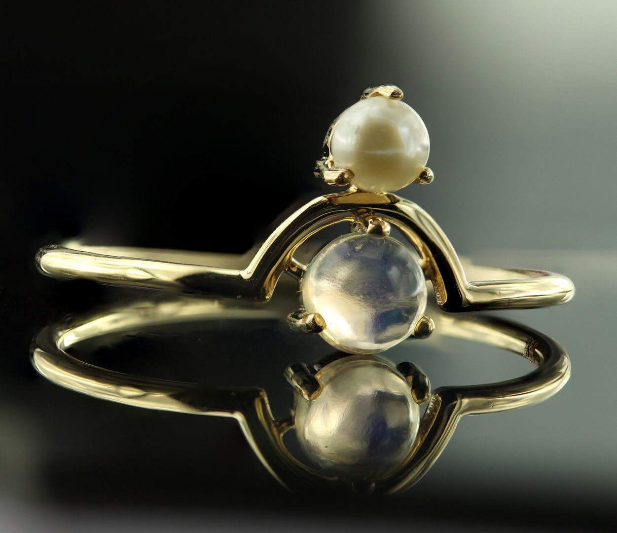 14K Yellow Gold Genuine Pearl And Opal Gemstone Ring Fine Jewelry Size-6 US