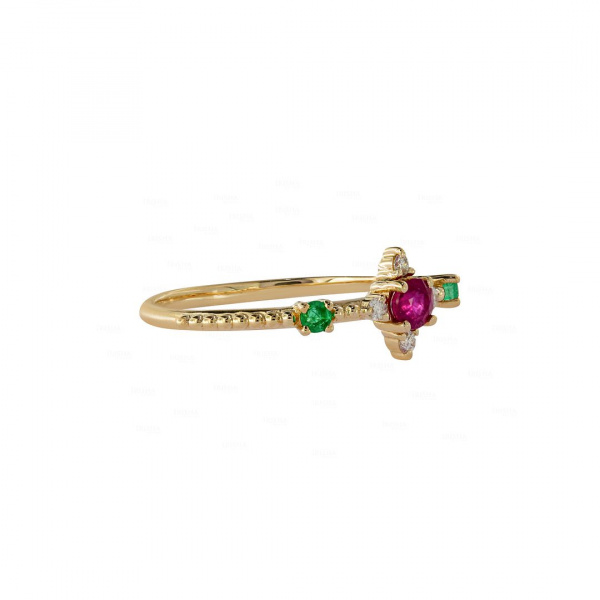 14K Gold Genuine Diamond Emerald And Pink Tourmaline Gemstone Ring Fine Jewelry