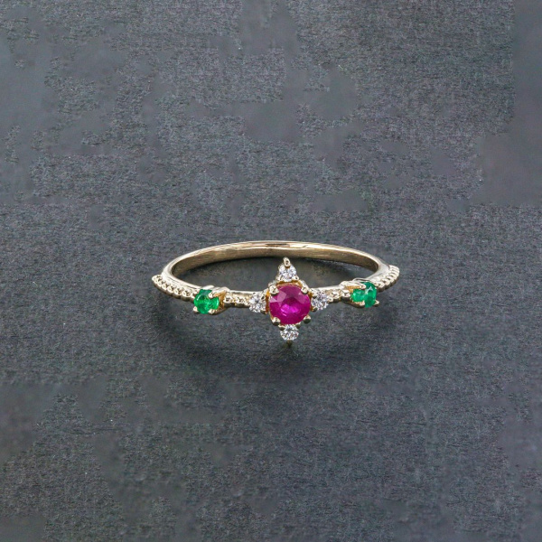 14K Gold Genuine Diamond Emerald And Pink Tourmaline Gemstone Ring Fine Jewelry