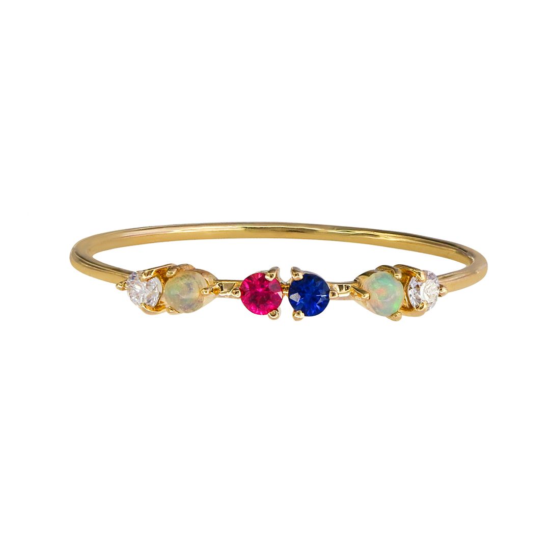 14K Yellow Gold Genuine Diamond Opal Ruby And Blue Sapphire Gemstone Friendship Ring Size-8 US
