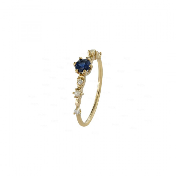 14K Yellow Gold Genuine Diamond Blue Sapphire Freshwater Pearl Ring  -6 US