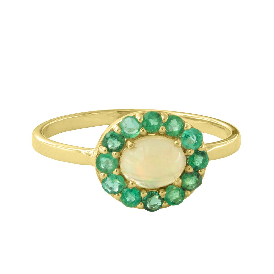 Genuine Emerald Opal Gemstone Ring Solid 14k Yellow Gold Handmade Fine Jewelry