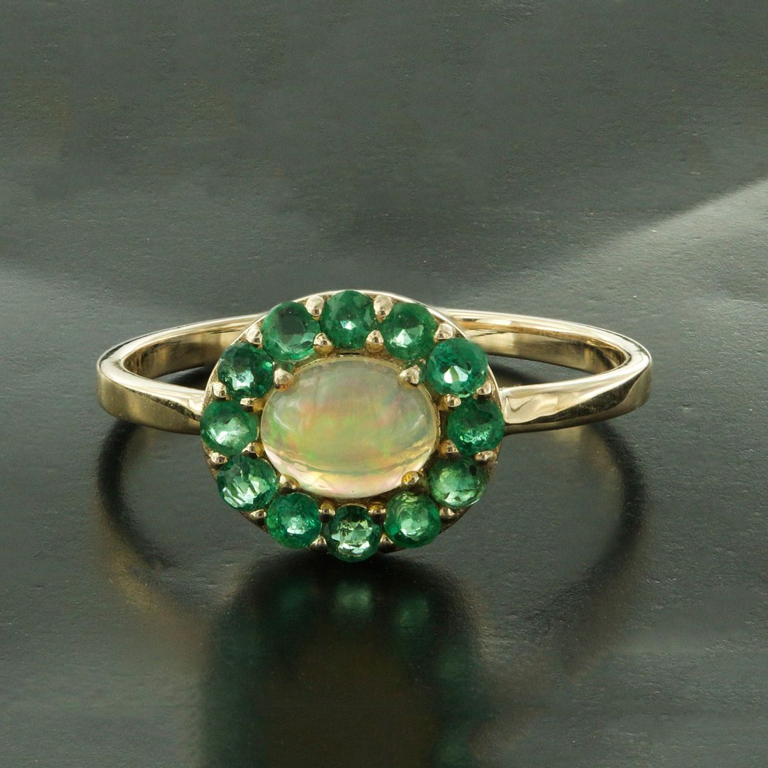 Genuine Emerald Opal Gemstone Ring Solid 14k Yellow Gold Handmade Fine Jewelry