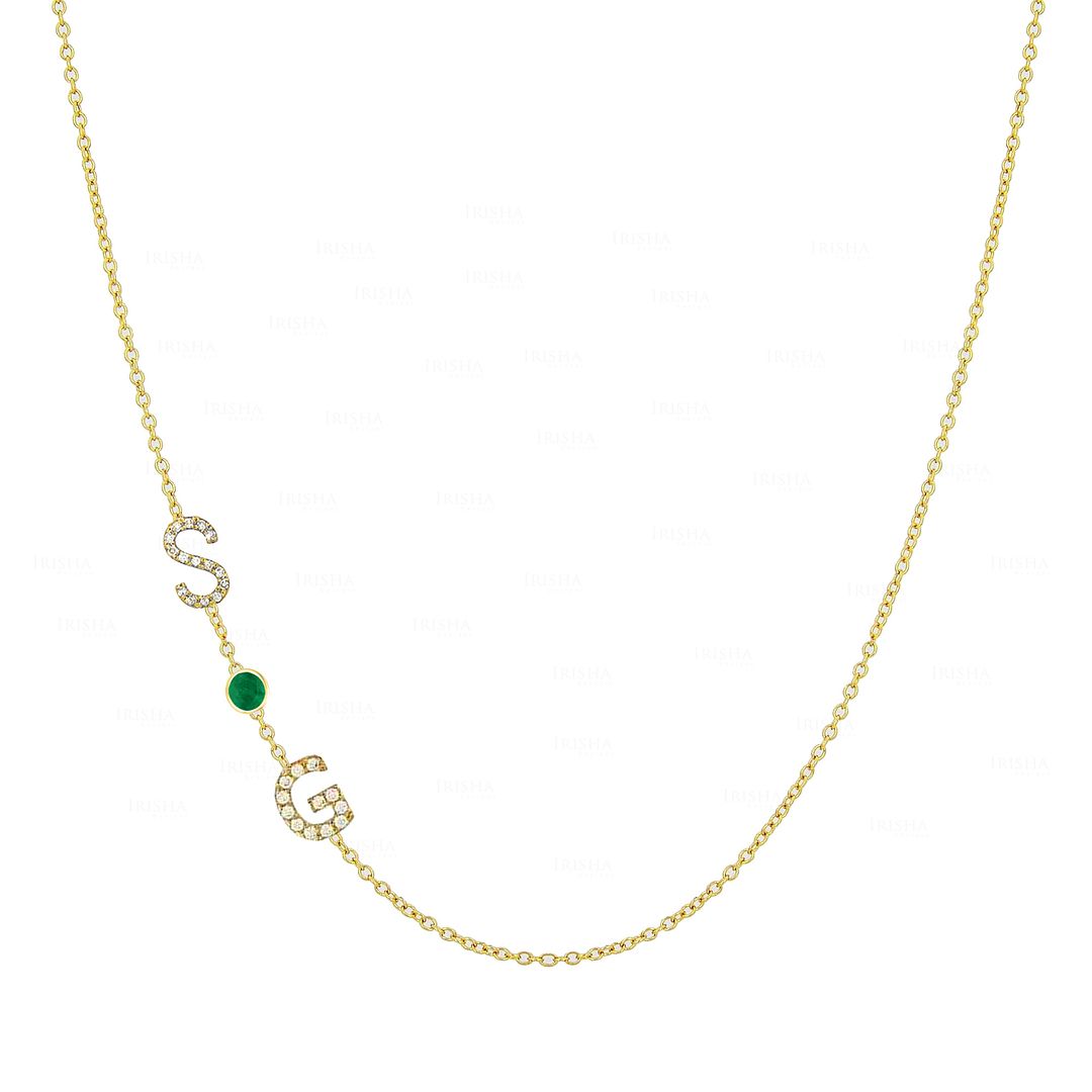 14K Yellow Gold Genuine Diamond Emerald S-G Alphabet Gemstone Necklace Jewelry