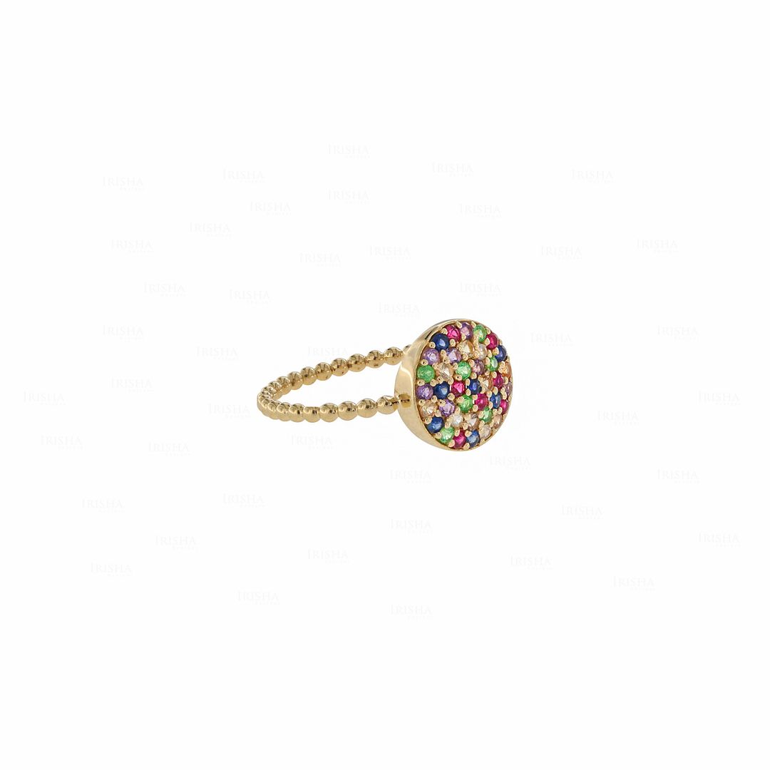 14K Yellow Gold Beaded Multi Sapphire Gemstone Circle Design Ring Size 6.25 US