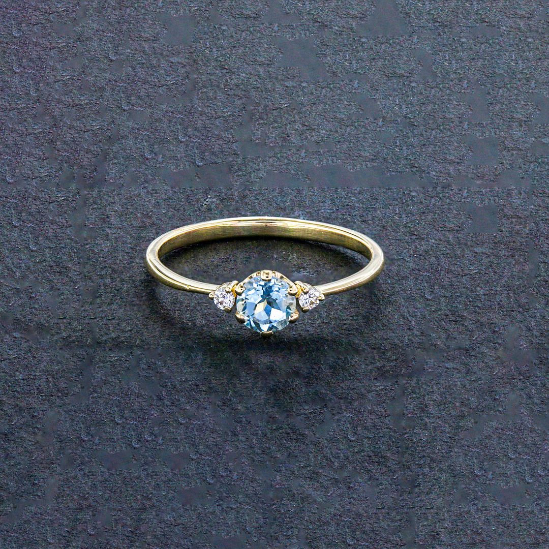 14K Yellow Gold Diamond And Aquamarine Gemstone Wedding Ring Jewelry Size 6.5 US