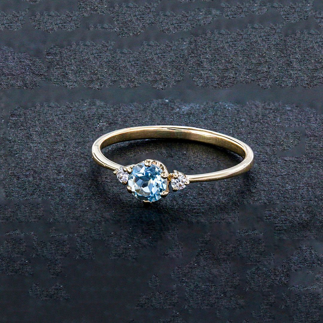 14K Yellow Gold Diamond And Aquamarine Gemstone Wedding Ring Jewelry Size 6.5 US