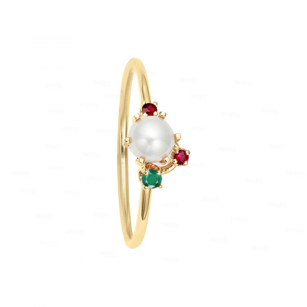 Freshwater Pearl Gemstone Cluster Ring|14k Gold, Ruby, Emerald