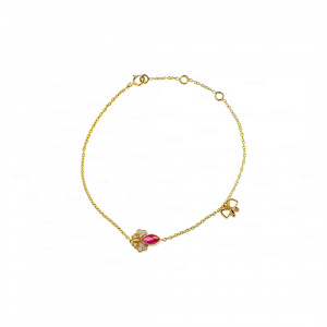 Round Diamond And Marquise Ruby Butterfly Charm 14K Gold Bracelet Fine Jewelry