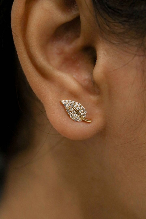 0.28 Ct. Genuine Diamond Leaf Design Handmade Earrings 14K Gold Fine Jewelry