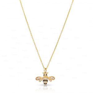 0.16 Ct. White-Black Earth Mined Pave Set Diamond Bee Charm Necklace in 14k Gold
