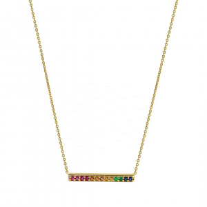 Genuine Multi Sapphire Horizontal Rainbow Bar Pendant 14K Gold Necklace